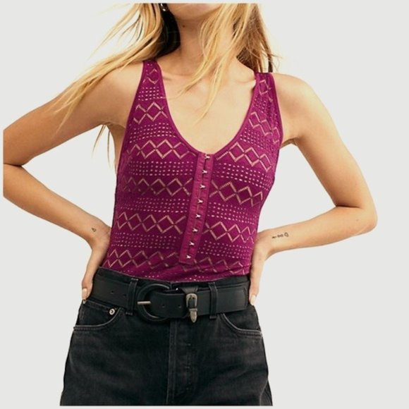 FREE PEOPLE Thank You Never Bodysuit Mesh Lace Purple Tank Top V Neck Small New - Picture 1 of 6